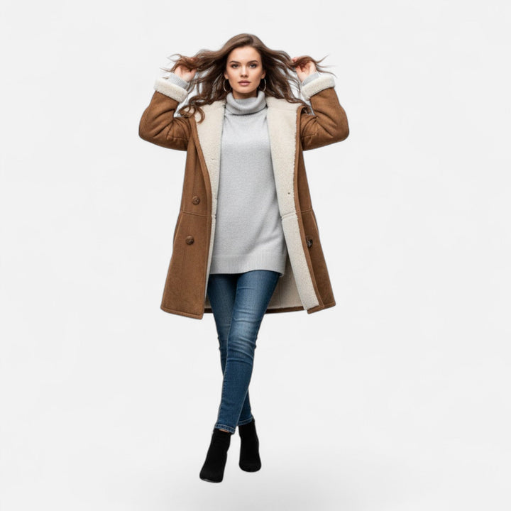 Sleek women's long winter coat, hooded with button-front closure, ideal for stylish warmth.