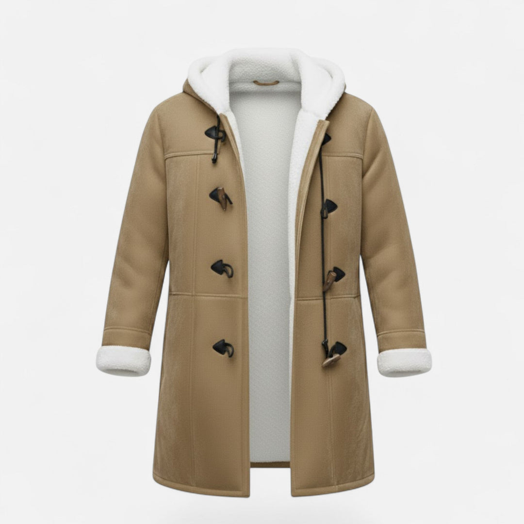 Women's fashionable hooded button-front winter coat, featuring a long cut and practical pockets.