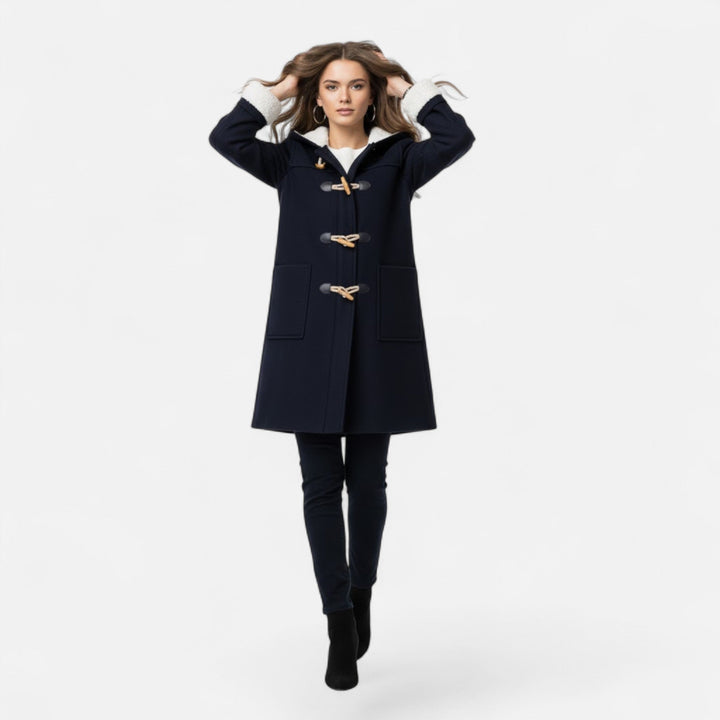Elegant women's long winter coat, button-front with a cozy hood and practical pockets.
