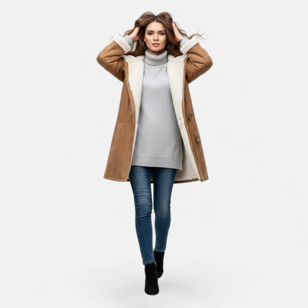 Graceful women's button-front winter coat with hood and pockets, for elegant cold-weather style.