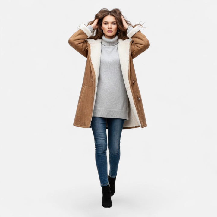 Graceful women's button-front winter coat with hood and pockets, for elegant cold-weather style.