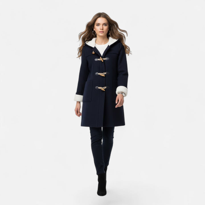 Stylish women's hooded winter jacket, button-front design for warm cold-weather outerwear.
