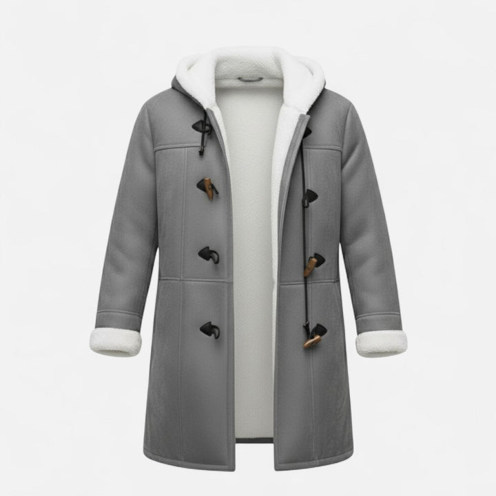 Warm women's winter coat, hooded and button-front, perfect for elegant cold-weather fashion.