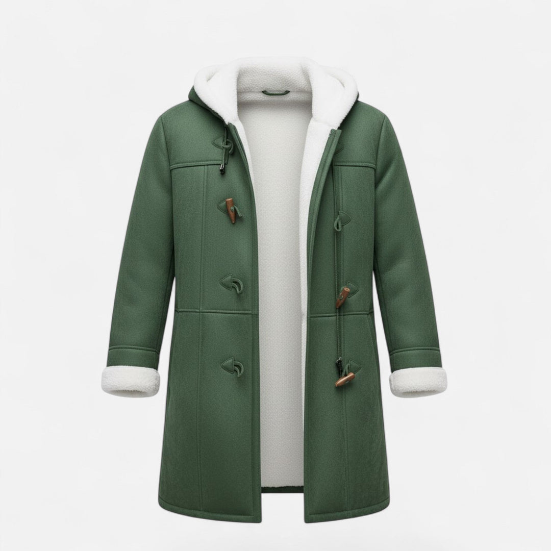 Fashionable women's long winter coat with hood, button-front closure and spacious pockets.