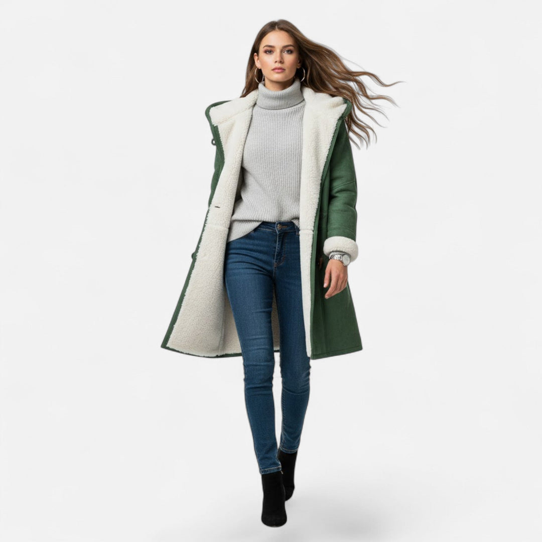 Women's elegant hooded button-front winter coat, designed for ultimate warmth and style.