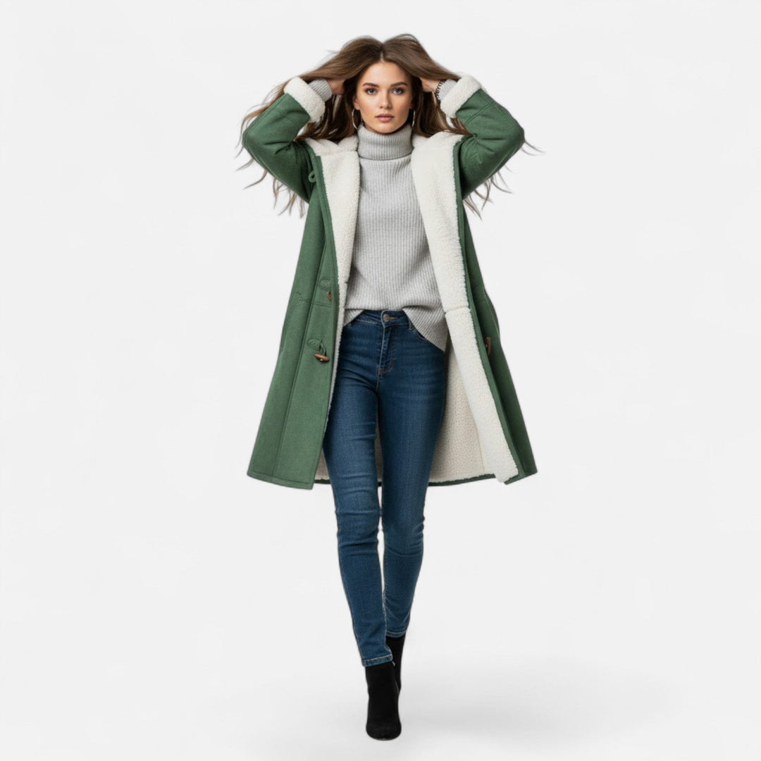 Cozy women's winter coat, hooded with a button-front, essential for cold-weather fashion.