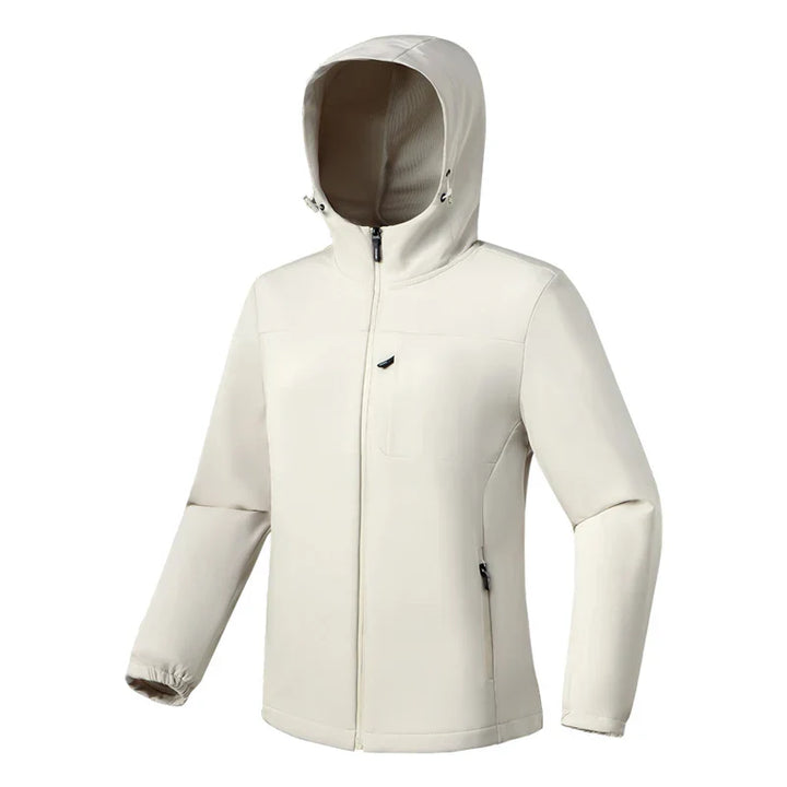 Women's hooded hiking windbreaker jacket, lightweight outdoor activewear in blue, front view.
