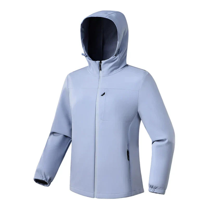 Outdoor women's jacket: hooded, lightweight windbreaker for hiking and travel, shown from the back.