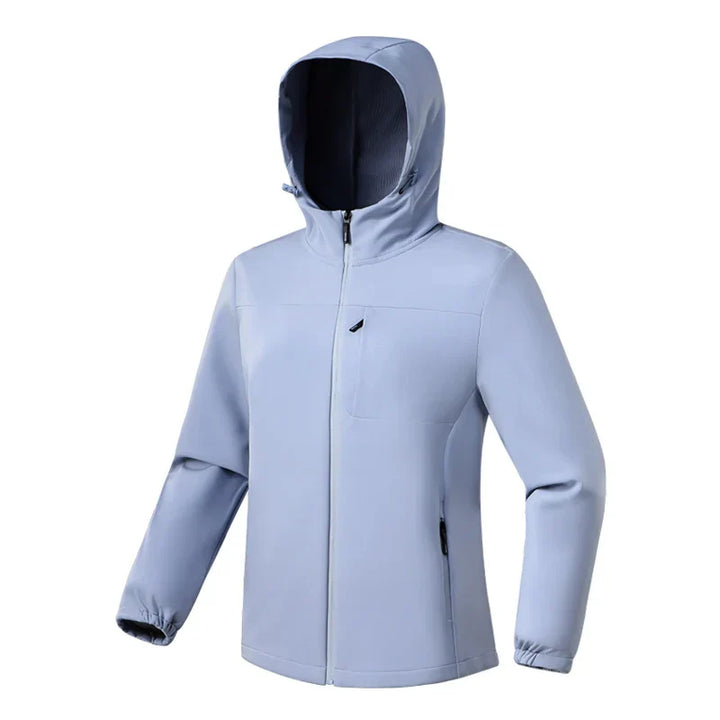 Outdoor women's jacket: hooded, lightweight windbreaker for hiking and travel, shown from the back.