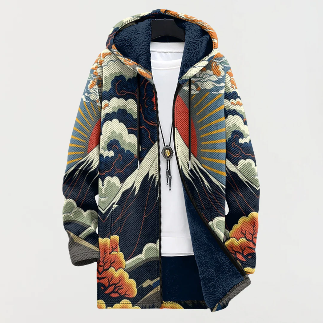 Women's hooded jacket with unique art-inspired design, ideal for creative and casual winter wear