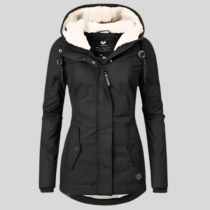 Stylish women's zippered rain jacket with adjustable hood, ideal for casual wear and travel.