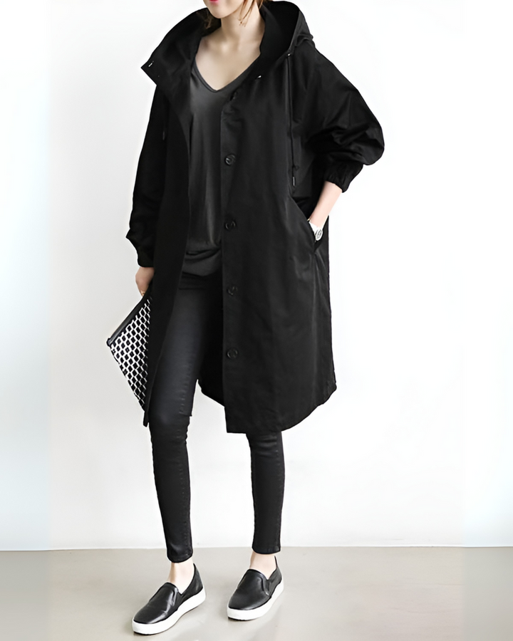 Women's hooded loose fit trench coat in classic style, perfect for autumn outerwear.