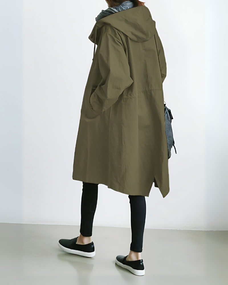 Fashionable women's hooded trench coat, loose fit, ideal for winter style.