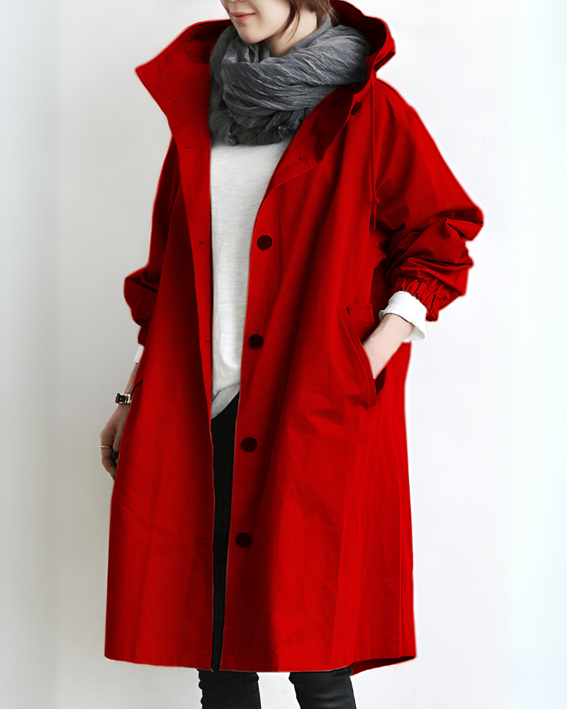 Women's classic hooded loose fit trench coat, suitable for various weather conditions.