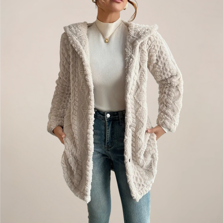 Women's hooded textured knit cardigan in soft fabric, perfect for spring casual wear or everyday layering.