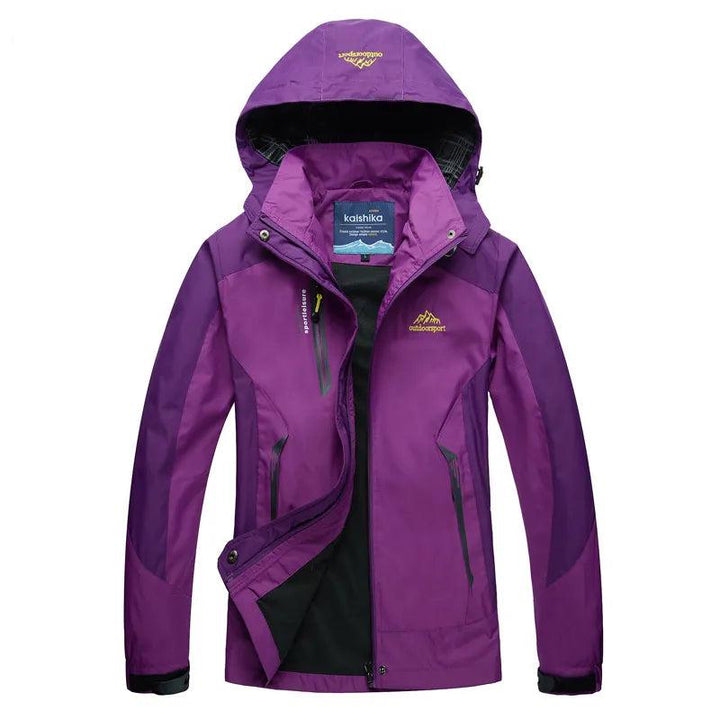 Close-up of women's waterproof jacket hood, highlighting drawstring and quality fabric.