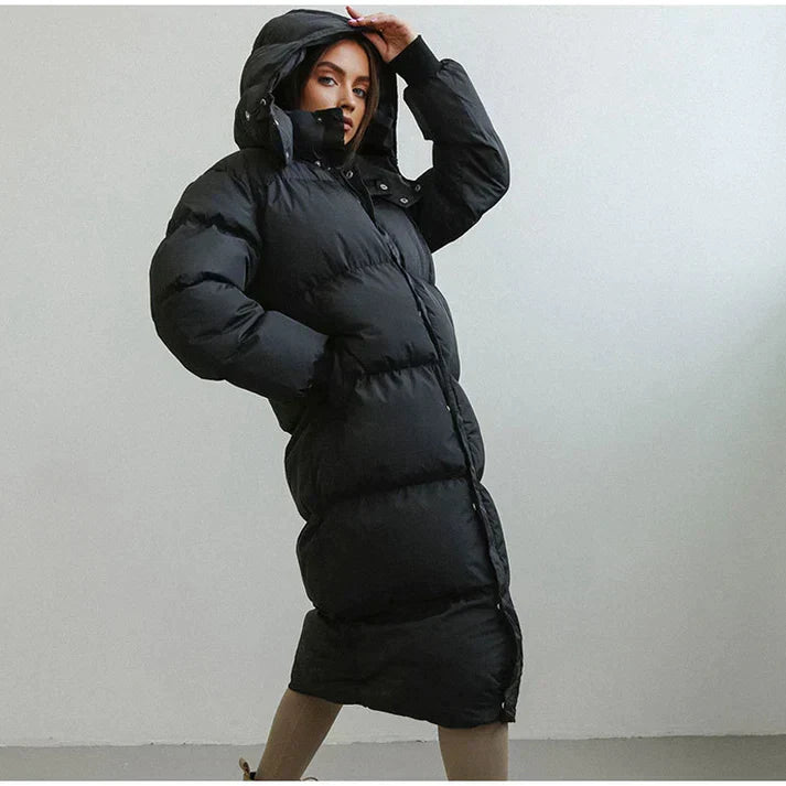 Women's hooded winter puffer coat in black, front view, for cold weather fashion