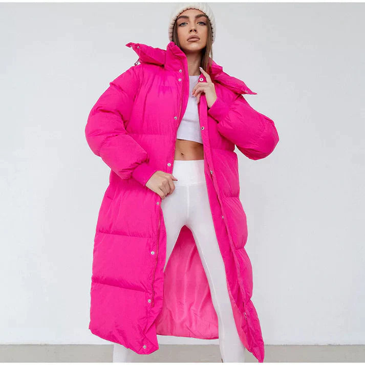 Stylish women's puffer jacket with hood, side view, ideal as warm winter outerwear