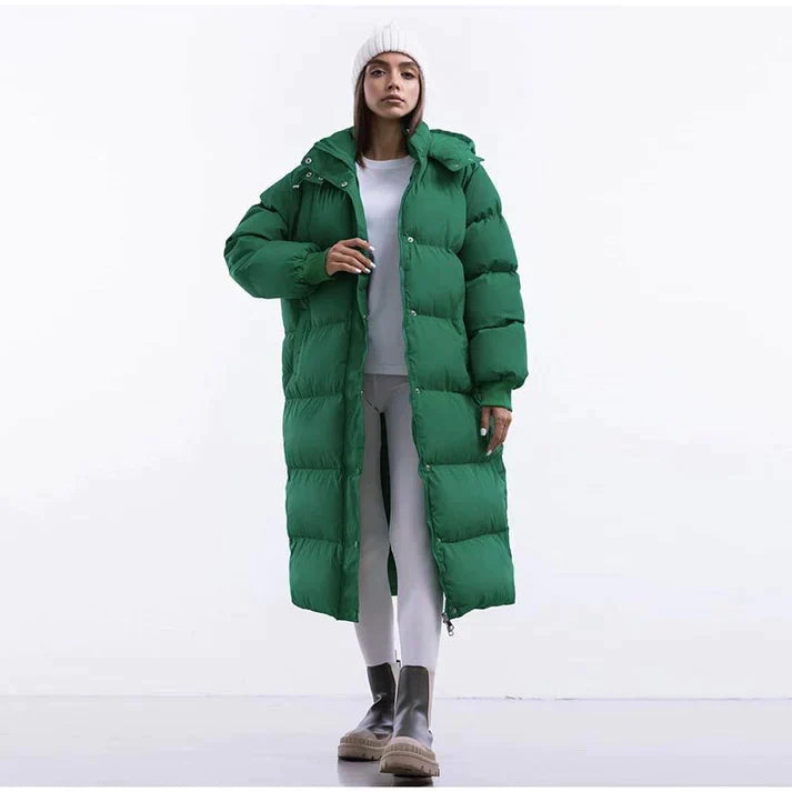 Casual ladies hooded puffer coat in a fashionable color, full length, perfect for winter