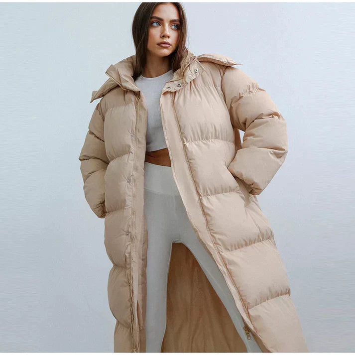 Women's black hooded puffer coat, back view, highlighting the warm and fashionable design