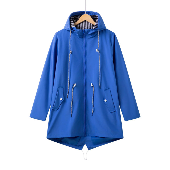 Women's hooded zip-front casual jacket in black, perfect for everyday wear and transitional seasons