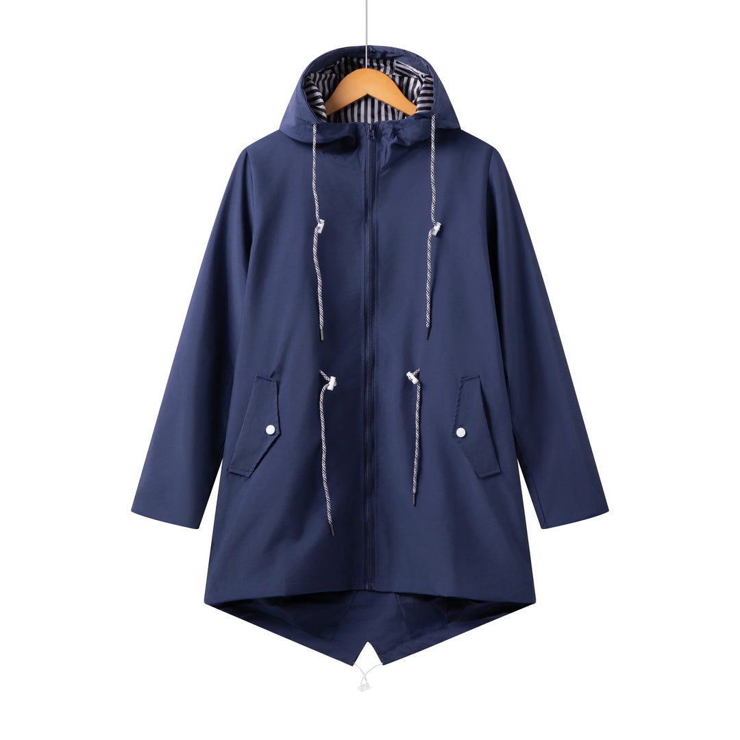 Stylish woman wearing a navy blue hooded zip-front everyday jacket, suitable for various casual occasions