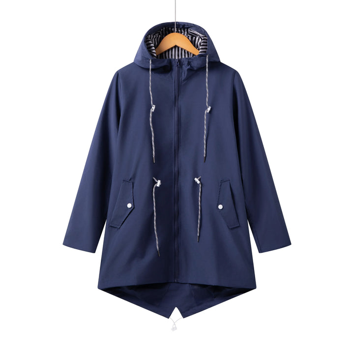 Stylish woman wearing a navy blue hooded zip-front everyday jacket, suitable for various casual occasions