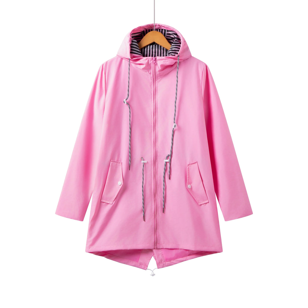 Back view of a women's everyday hooded jacket in grey, featuring a comfortable and relaxed fit