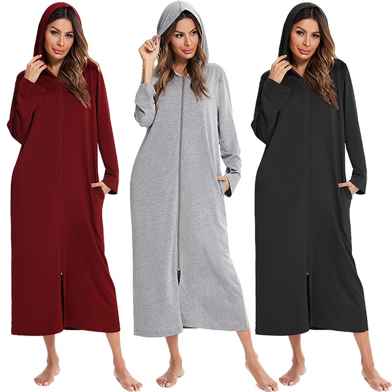 Women's hooded zip-up fleece nightdress in soft pink, perfect for cozy loungewear & sleep