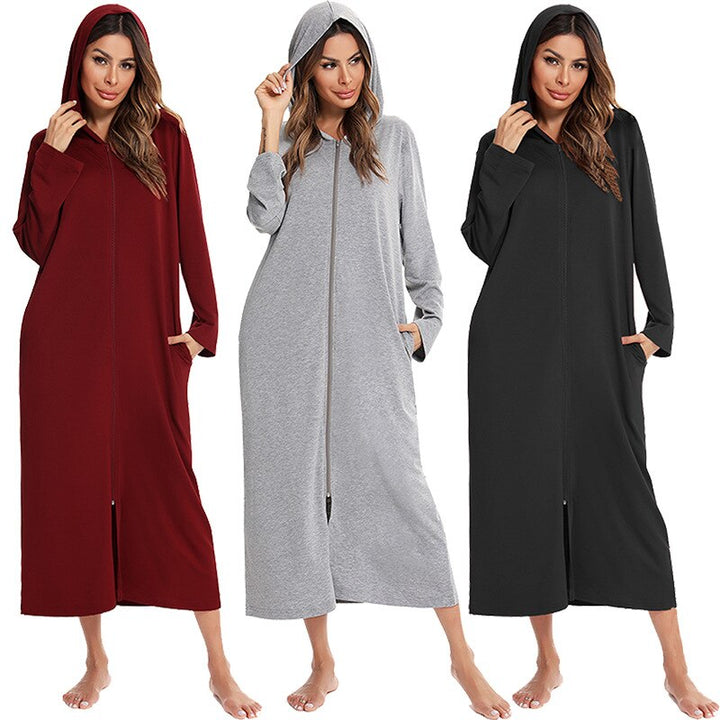 Women's hooded zip-up fleece nightdress in soft pink, perfect for cozy loungewear & sleep