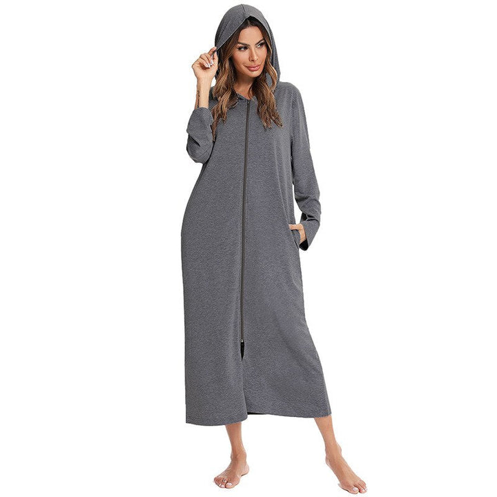 Side view of the women's cozy hooded fleece nightdress, showcasing its relaxed fit and length