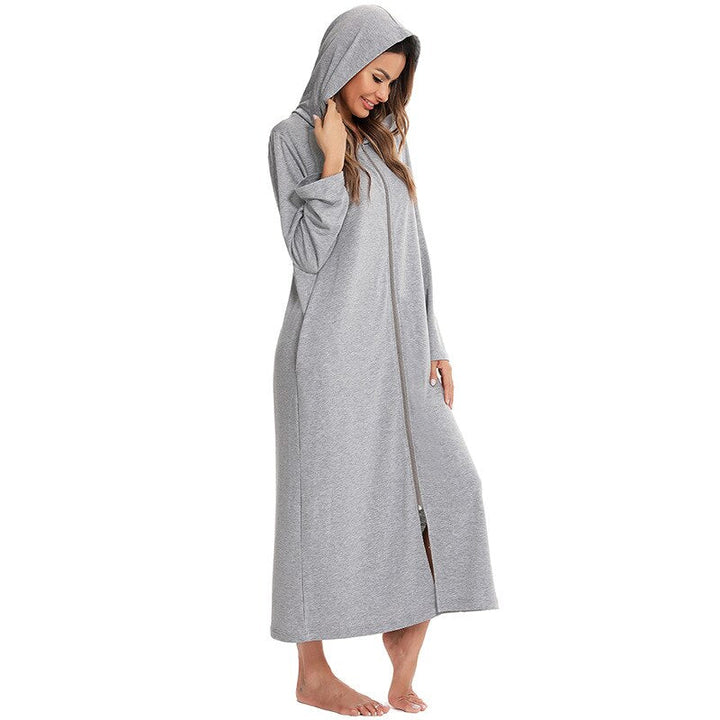 Full-length view of the women's hooded fleece loungewear, perfect for cold weather comfort