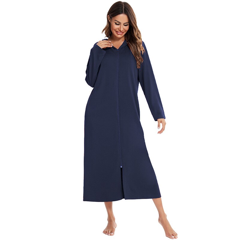 Relaxed fit hooded zip-up fleece nightdress for women, designed for luxurious sleep and lounging