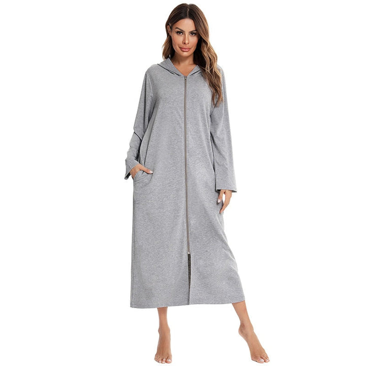 Warm women's fleece nightdress with full zip, hood, and practical pockets, ideal for winter