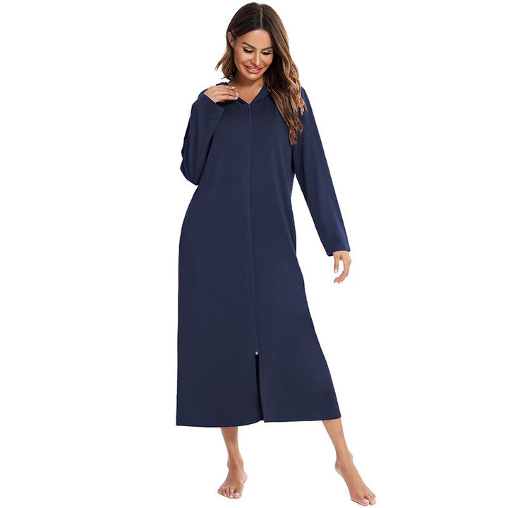 Close-up of the soft fleece fabric on a women's zip-up hooded nightdress, showcasing texture