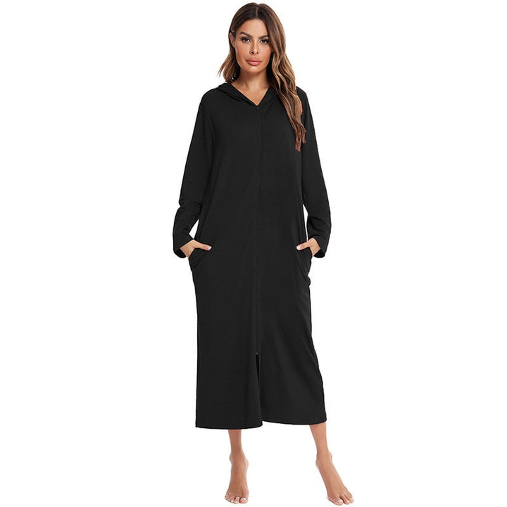 Stylish women's loungewear: a zip-up hooded fleece nightdress with spacious hand pockets