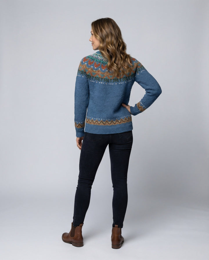 Cozy women's Icelandic knit sweater, vintage style, offering timeless warmth for fall and winter fashion.