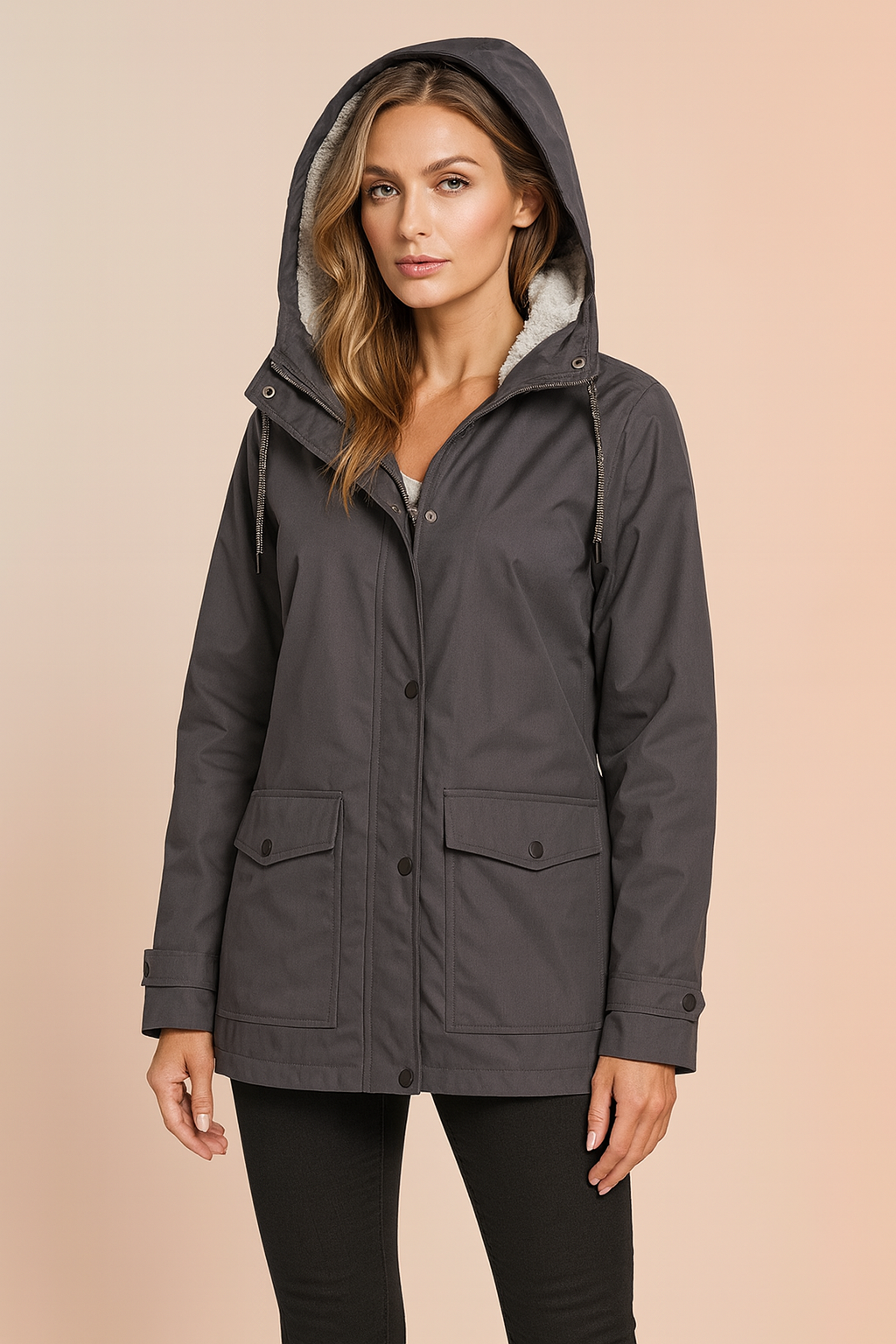Cozy women's insulated winter jacket, featuring a protective hood. Ideal casual outerwear for cold weather.