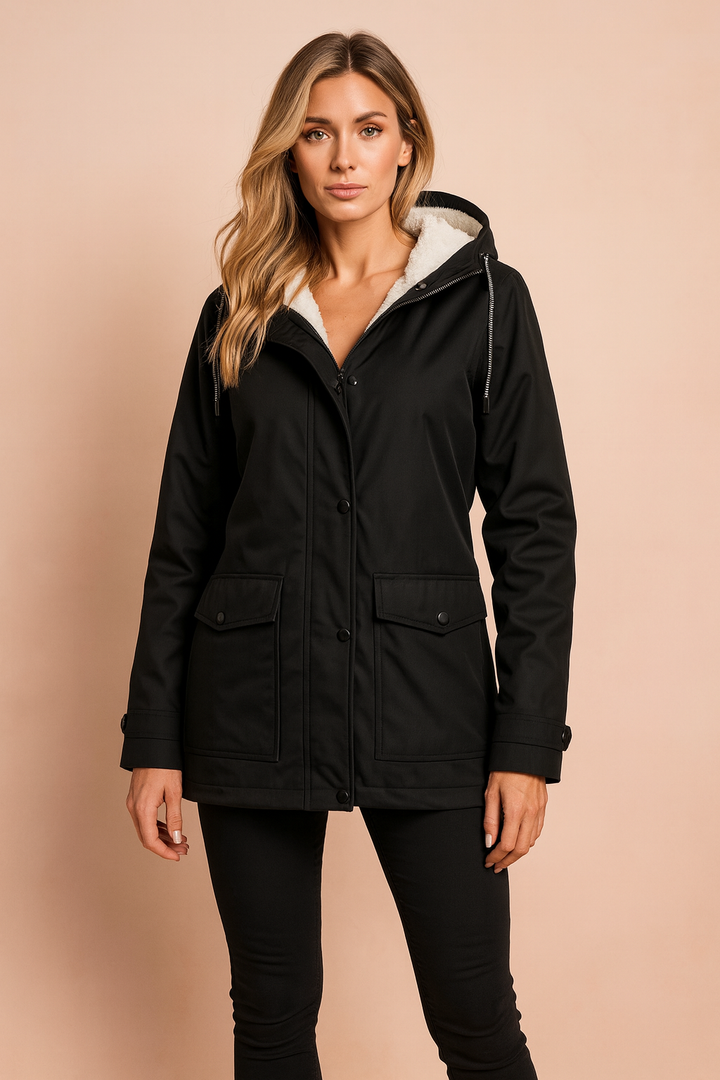 Insulated women's winter coat, hooded and cozy. Excellent casual outerwear for cold weather and everyday style.