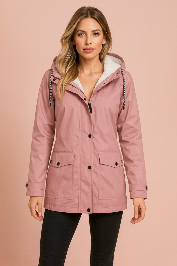 Cozy women's insulated jacket with hood. Stylish casual outerwear, perfect for winter fashion and warmth.
