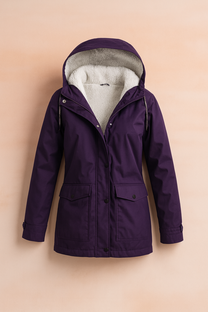 Women's casual winter jacket, insulated and hooded. A warm and cozy coat designed for cold weather fashion.