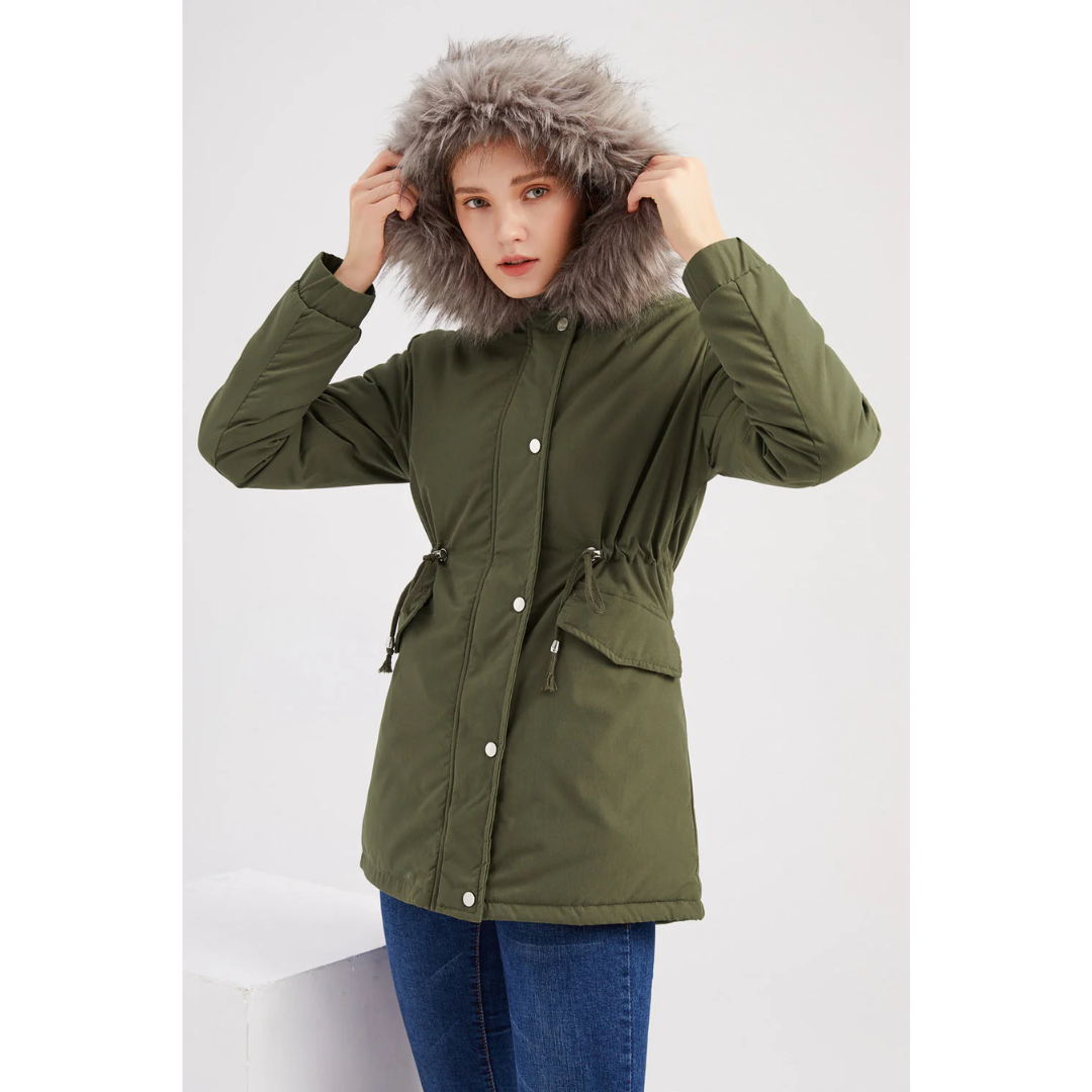 Women's insulated parka with faux fur hood, perfect for cold winter weather and outdoor activities.