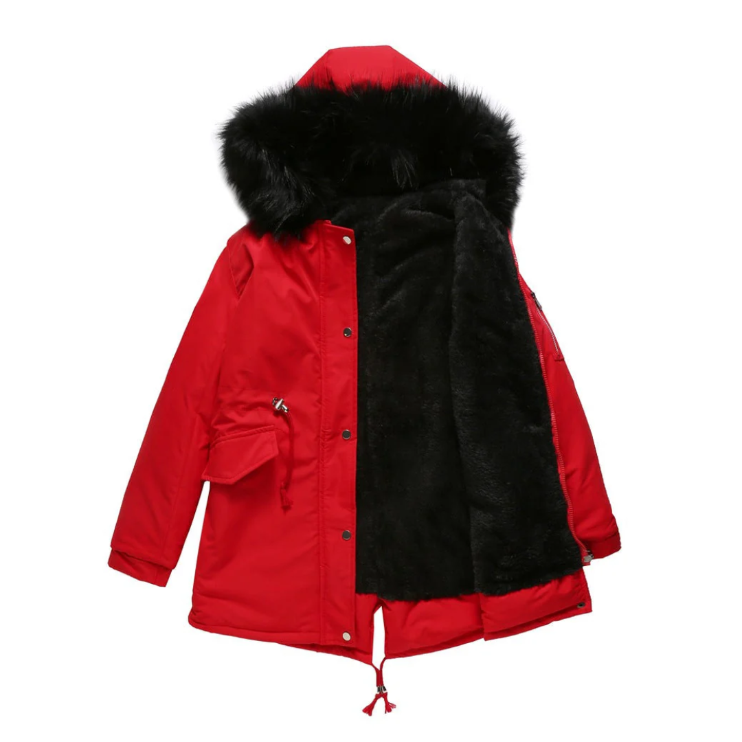 Warm hooded jacket for women, featuring a stylish faux fur trim and insulated fabric, ideal for winter.