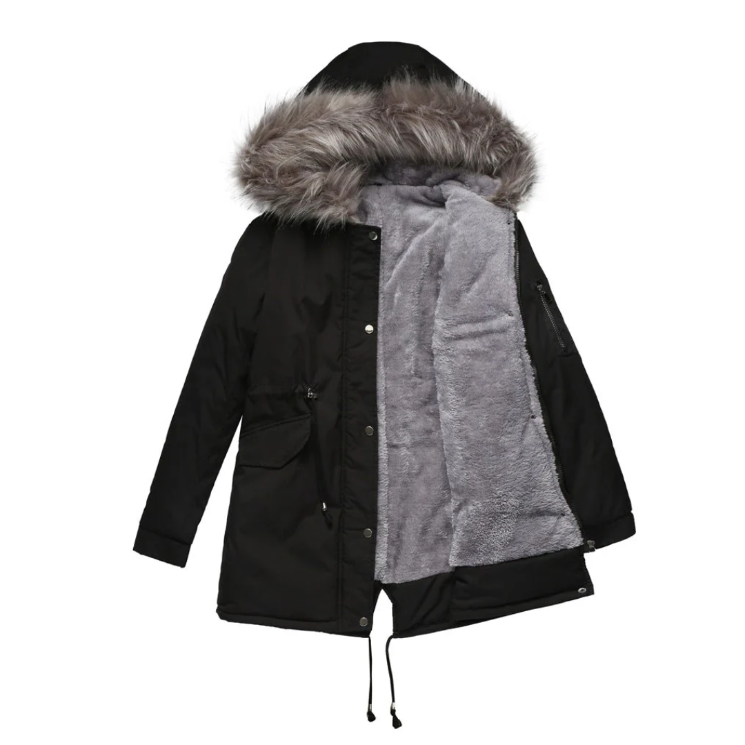 Durable women's winter coat, insulated and waterproof, with a cozy faux fur lined hood for extreme cold.