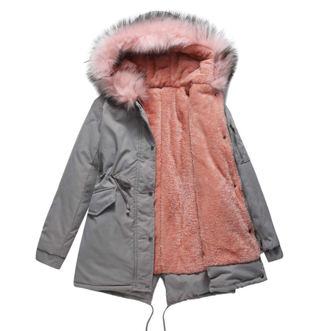 Elegant women's parka jacket with a detachable faux fur hood, designed for ultimate warmth and comfort.