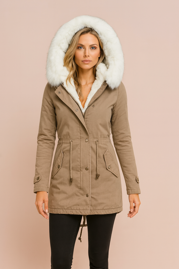 Long women's insulated winter coat. Warm parka jacket with a hood, perfect for cold weather outdoor activities.