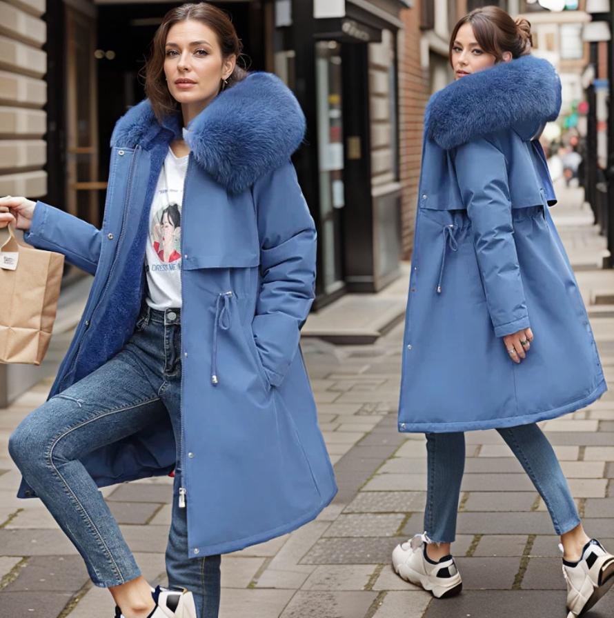 Women's insulated winter parka with plush hood, ideal for ultimate warmth & cold weather protection.