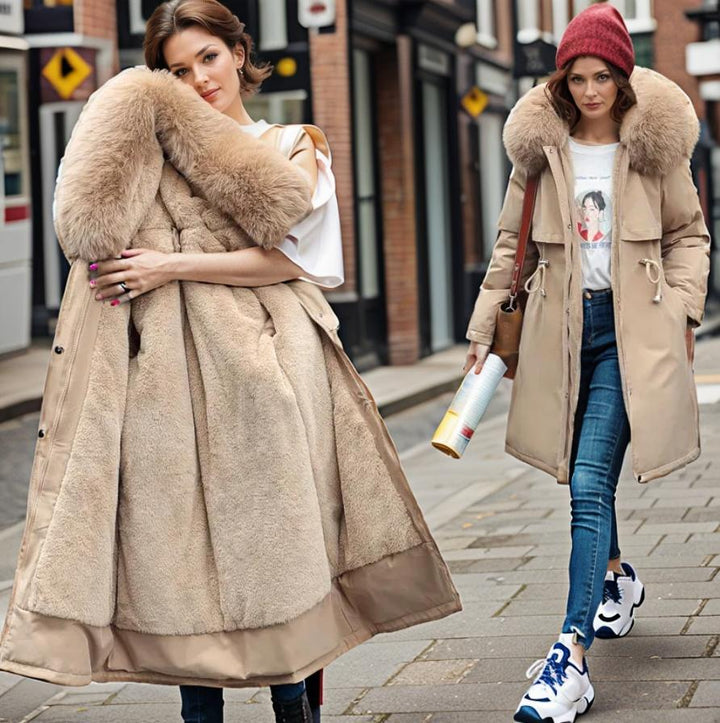 Elegant women's insulated winter jacket, long design with a warm plush hood. Perfect for cold weather outerwear.