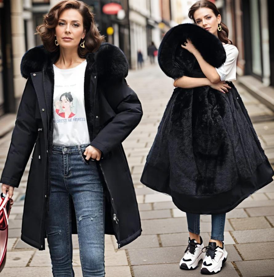 Protective women's winter coat, insulated and waterproof with a plush hood for ultimate cold weather warmth.