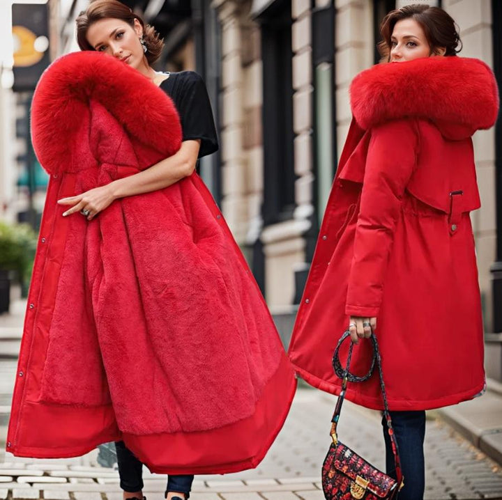 Fashionable women's insulated winter parka, designed for warmth and style with a luxurious plush hood.